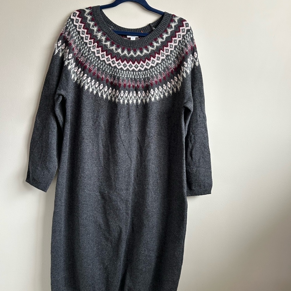 J. Jill Charcoal Long-Sleeve Fair Isle Yoke Sweater Dress with Burgundy Accents